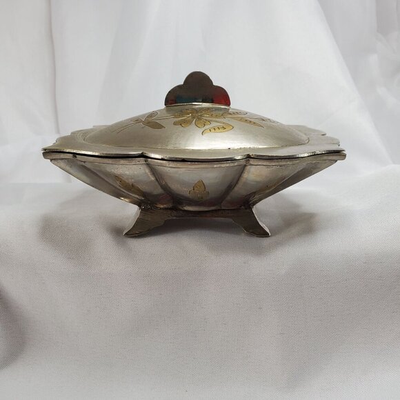 Vintage Silver Tone Brass Inlay Jewelry Trinket Box Floral Design Made in India - Picture 6 of 16